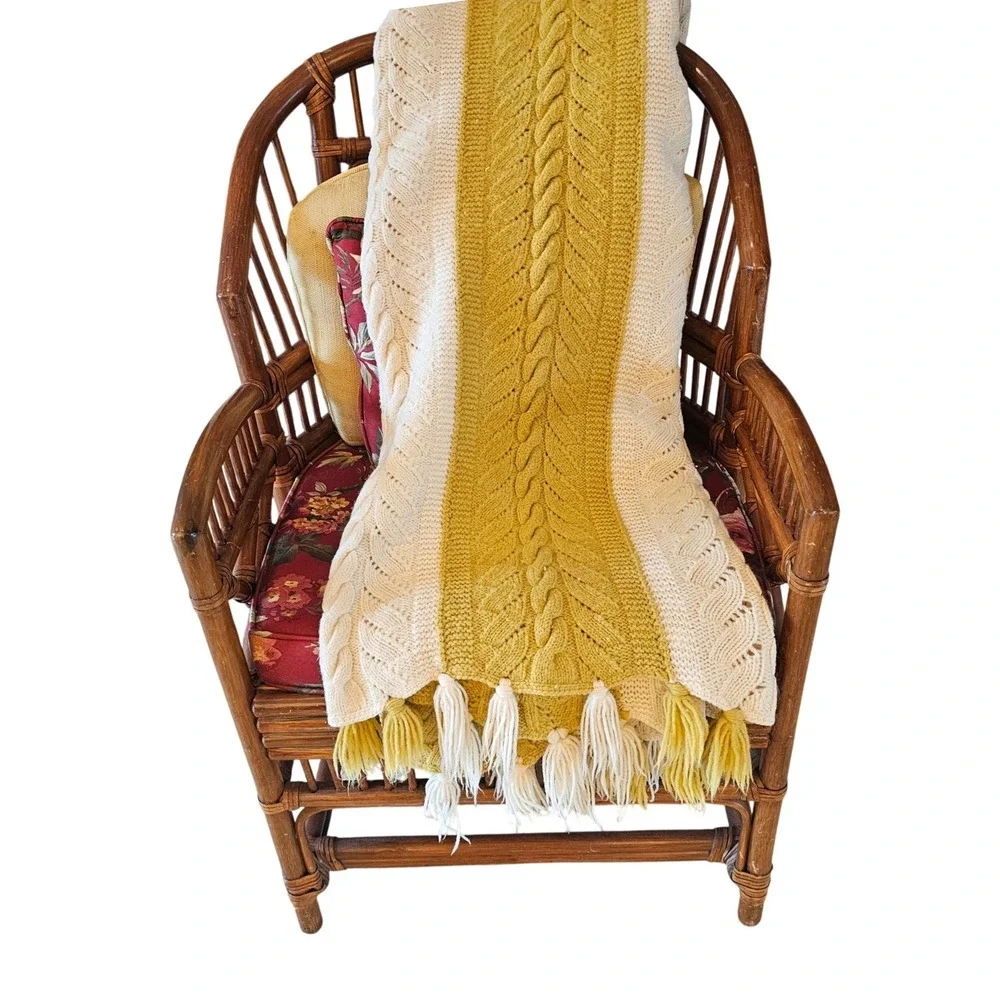 Vintage Handmade Wool Cable Knit Throw Blanket Mustard Yellow Cream Stripe 60x54